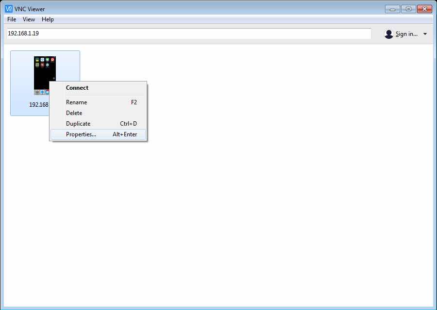 Properties Click Windows VNC Viewer
